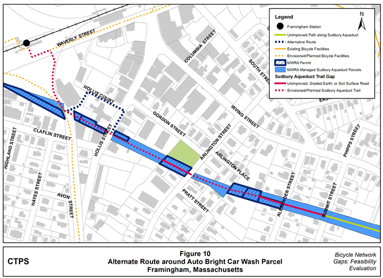 Figure 10 – Map illustrating an interim route for the Sudbury Aqueduct Trail around the Auto Bright Car Wash parcel and its fence.